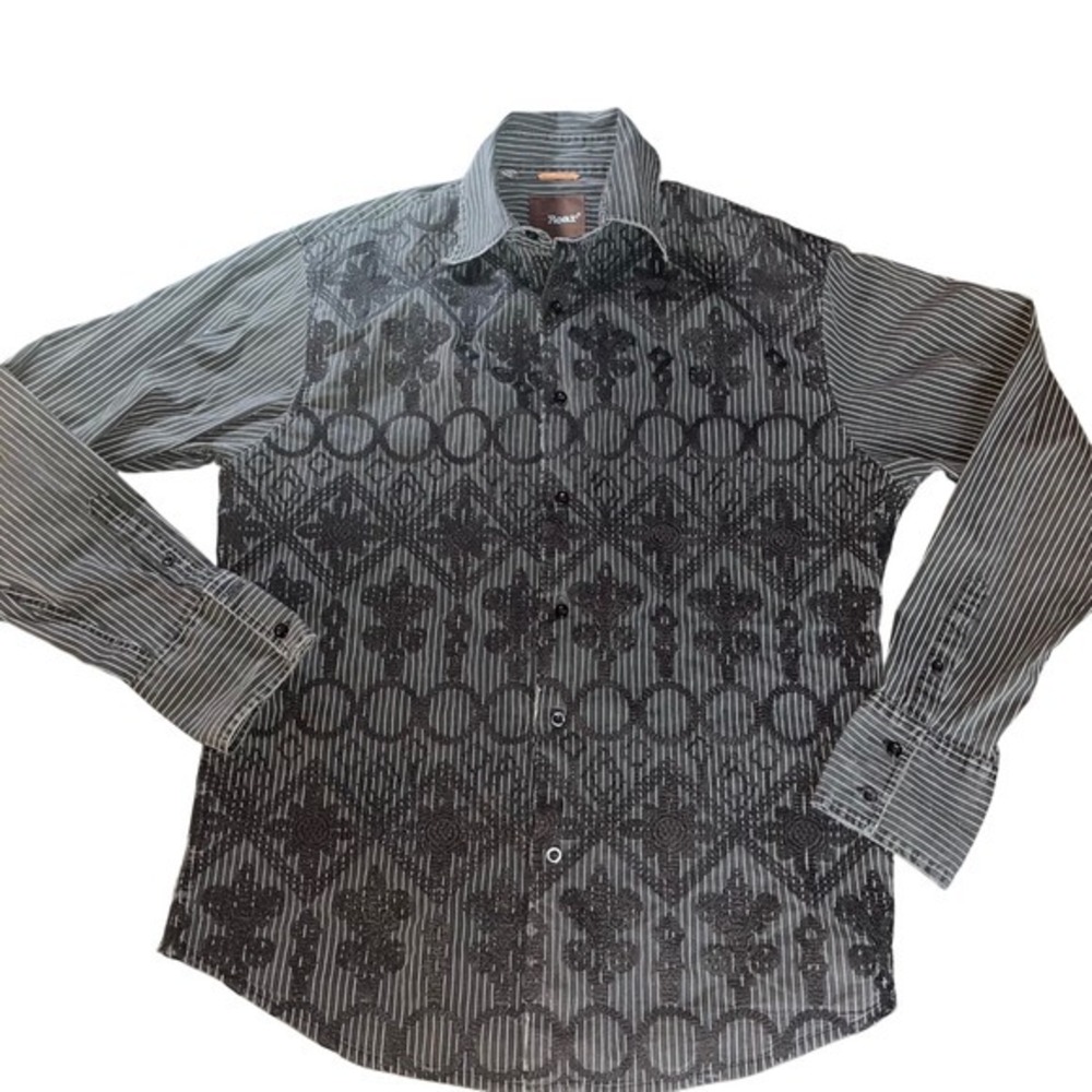Roar Buckle Men's Striped Embroidered Button Down Shirt Size L Rockabilly unique